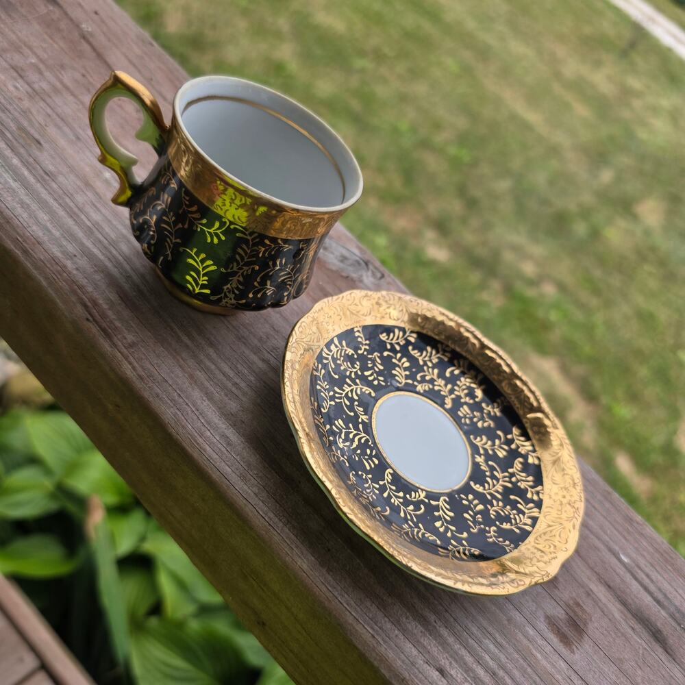 Vintage Arnart 1275 Demitasse Cup & Saucer Black Gold Porcelain Japan 1950s